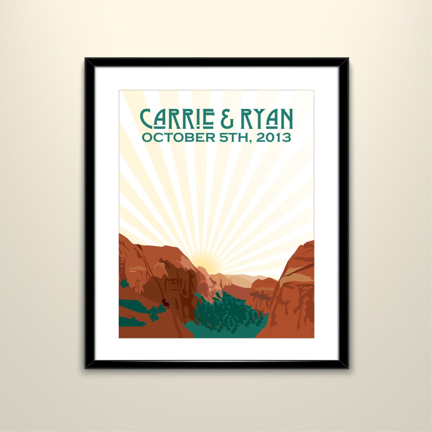 Zion National Park 11x14 Vintage Poster personalized with Names and date (frame not included)