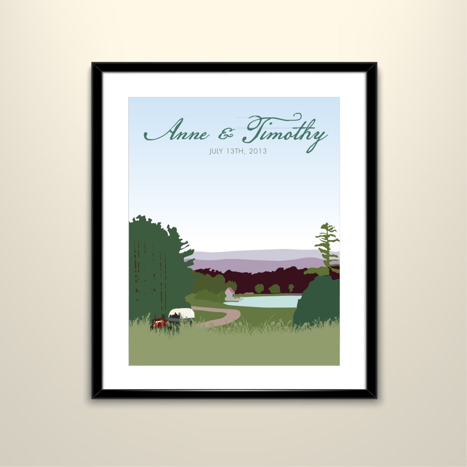 Country Landscape Vermont with Covered Wagon 11x14 Vintage Poster/Wedding Poster personalized with Names and date (frame not included)-SM1