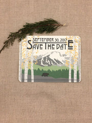 Pikes Peak Colorado Mountains with Yellow Birch Trees Save the Date Wedding postcards