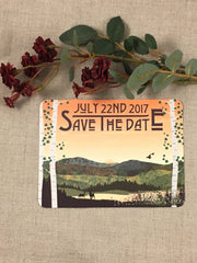 Fall Appalachian Mountains at Sunset with Birch Trees Save the Date Postcards // Fall Wedding Save the Date Postcards