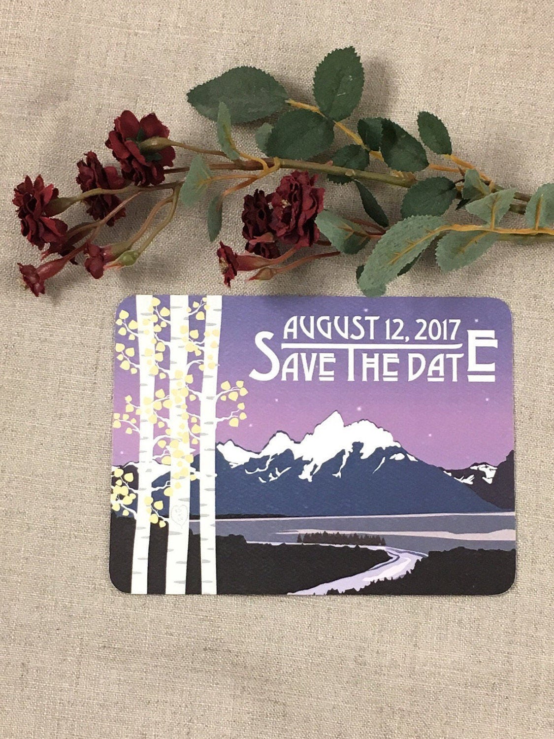 Grand Teton Mountains Purple Sunset with Golden Birch Trees Save the Dates Postcards