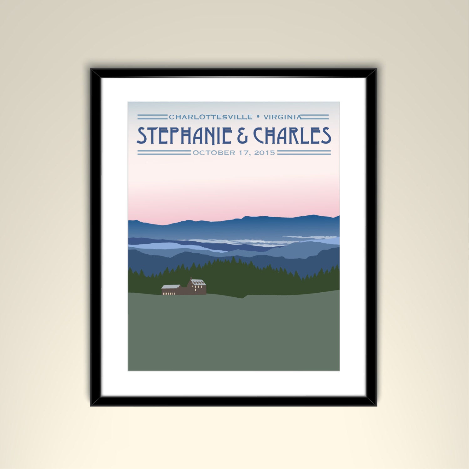 Blue Ridge Mountains Vintage Travel Poster - 11x14 Paper Poster - Wedding Poster personalized with Names and date (frame not included)