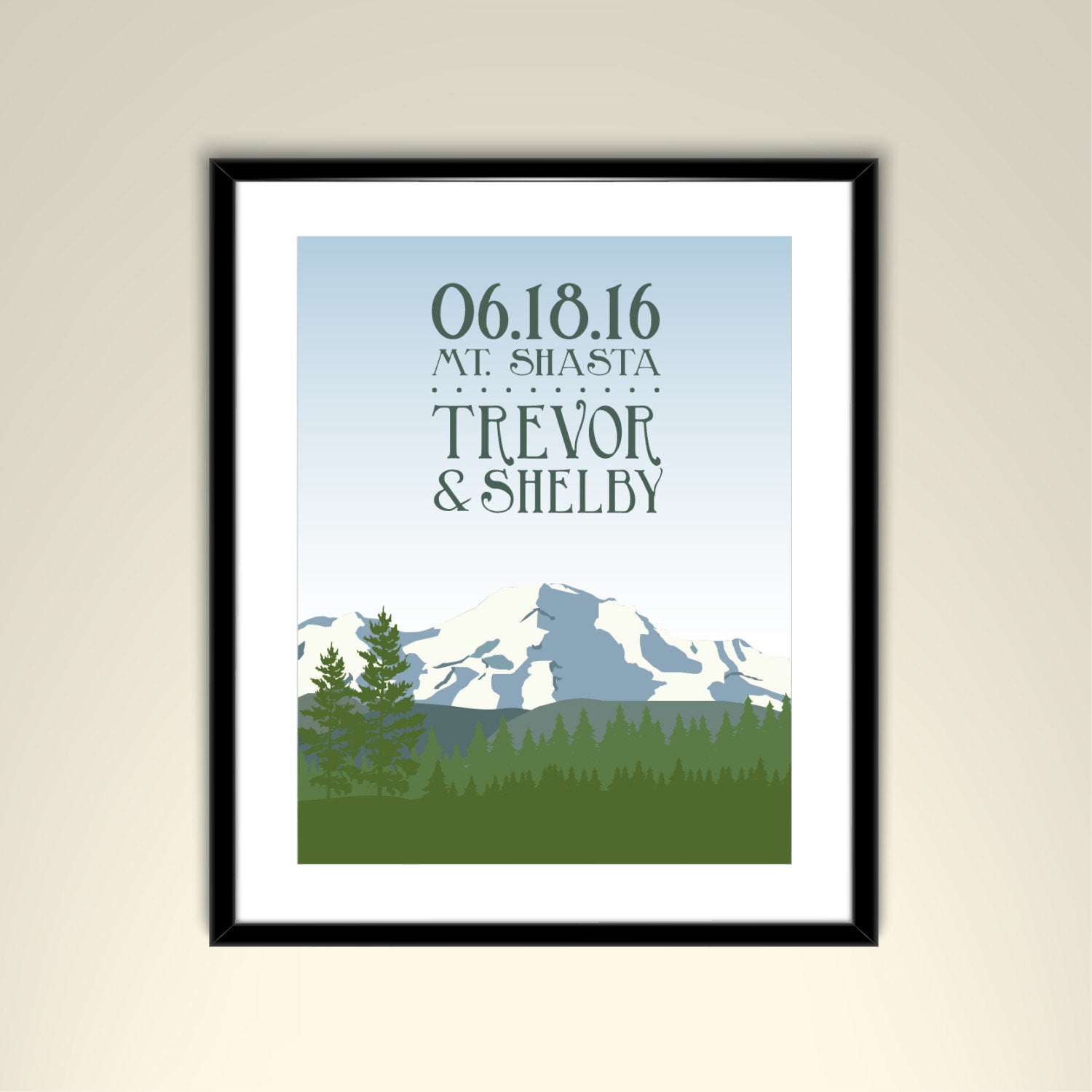 Mt Shasta Vintage California Mountain Travel 11x14 Paper Poster - Wedding Poster personalized with Names and date (frame not included)