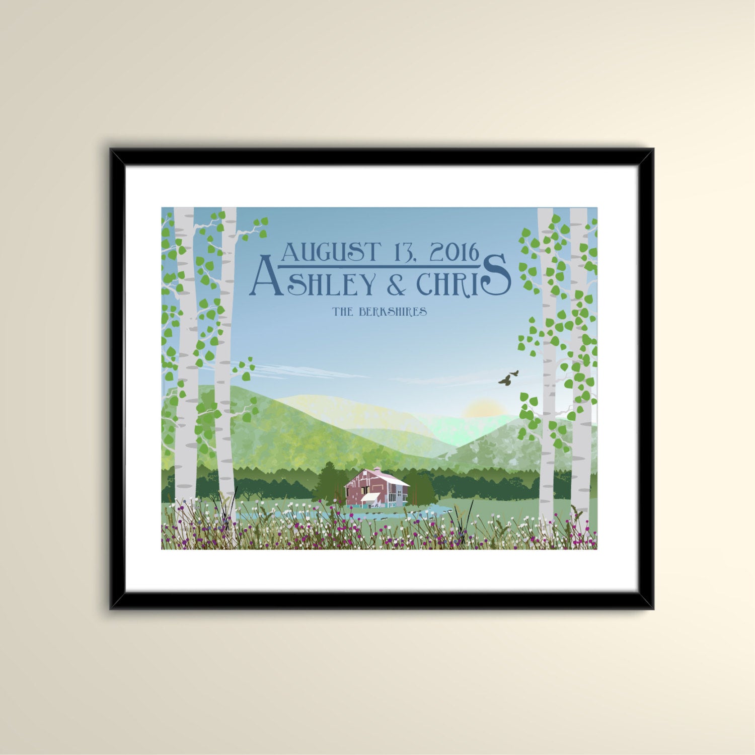 The Berkshires with Barn Vintage Travel 11x14 Paper Poster - Wedding Poster personalized with Names and date (frame not included)