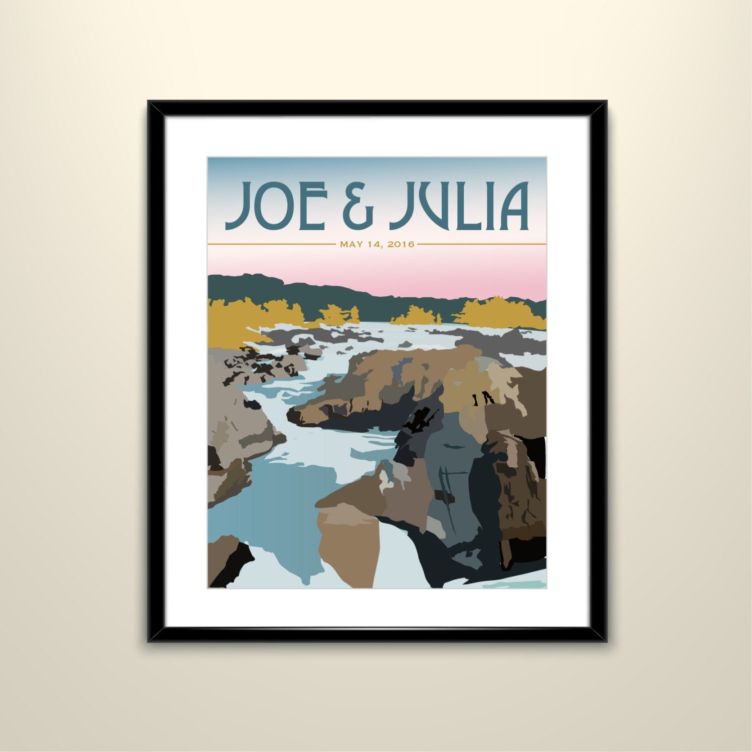 Great Falls Virginia Vintage 11x14 Paper Poster - Wedding Poster personalized with Names and date (frame not included)