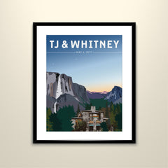 Yosemite Falls with Majestic Yosemite Hotel 11x14 Paper Wedding Poster Personalized with Names and date (frame not included)