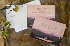 Appalachian Mountain Dramatic Sunset over Lake Fairytale Castle Livret Wedding Invitation with A7 Envelope