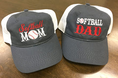 Softball Parents trucker unstructured mesh hats thread color 100% customizable // Set of 2 Softball Mom cap and Dad cap  - KW1