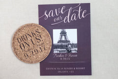 Drinks On Us Modern Purple and Blush Pink Cork Coaster Save the Date with Envelope