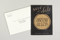 Drinks on us Cork Coaster Save the Date with A7 Envelope