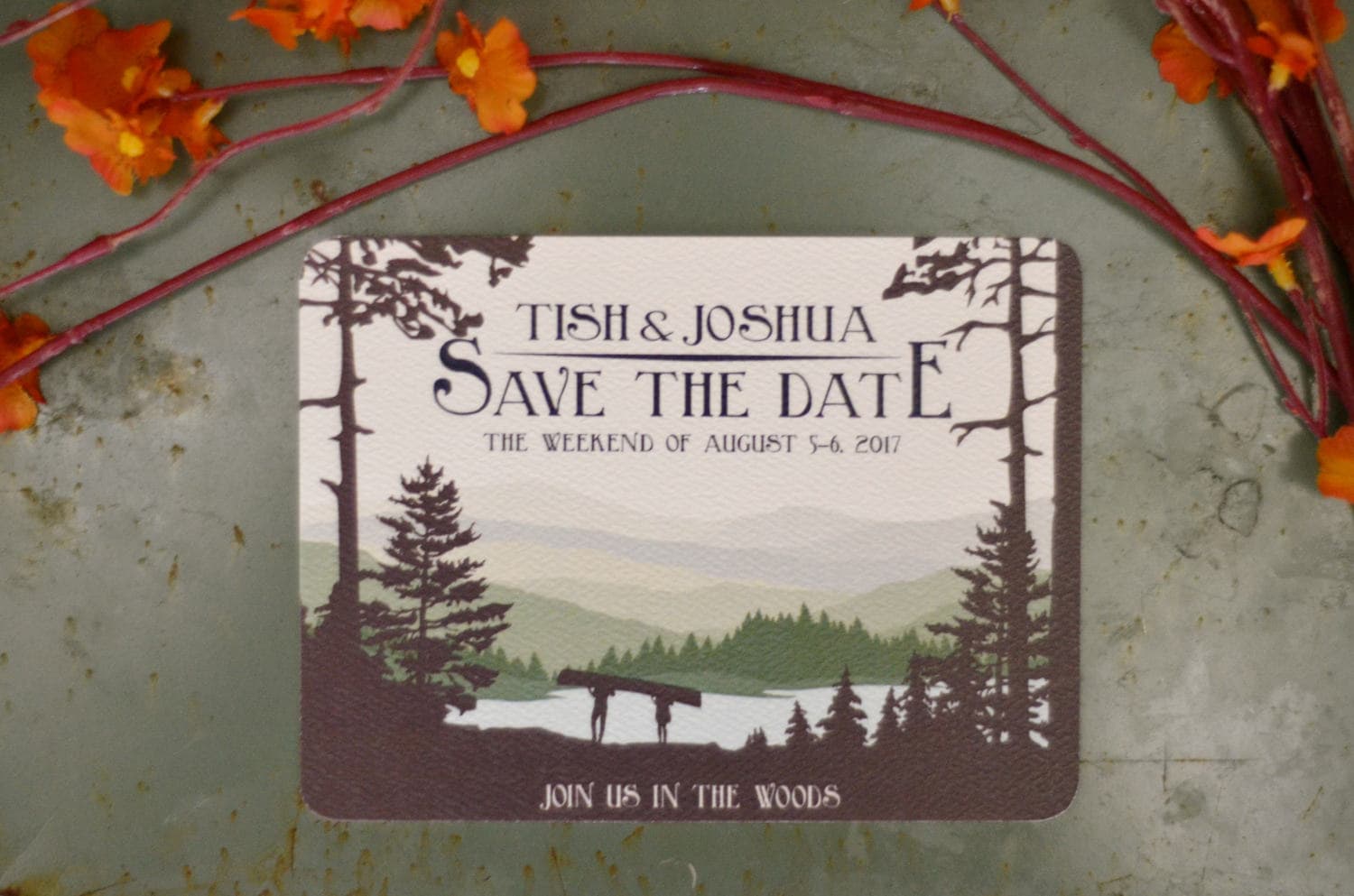 Craftsman Appalachian Rolling Hills and Lake with Couple Carrying a Canoe Save The Date Postcard