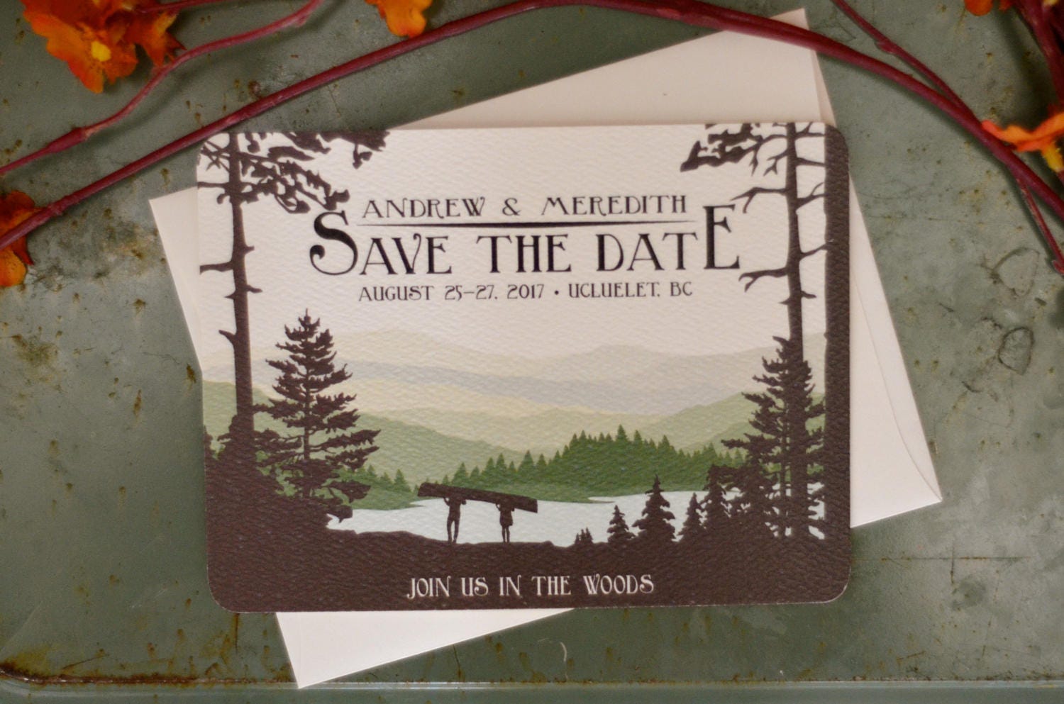 Craftsman Appalachian Rolling Hills and Lake with Couple Carrying a Canoe Save The Date Card