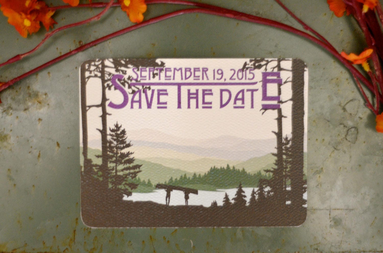 Craftsman Appalachian Rolling Hills and Lake with Couple Carrying a Canoe, purple Save The Date Postcard