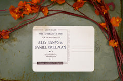 Craftsman Appalachian Rolling Hills and Lake with Couple Carrying a Canoe Save The Date Card- BP1