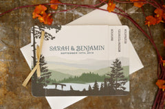 Appalachian Green Mountains Livret Booklet Wedding Invitation with A7 Envelopes // Couple Canoe with Dog
