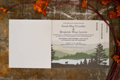 Appalachian Green Mountains Livret Booklet Wedding Invitation with A7 Envelopes // Couple Canoe with Dog