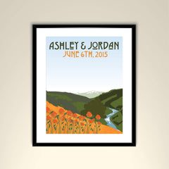 California Hills with River and Poppies Vintage Wedding Poster 11x14 Poster/Personalize with Names and wedding date (frame not included)SM-1