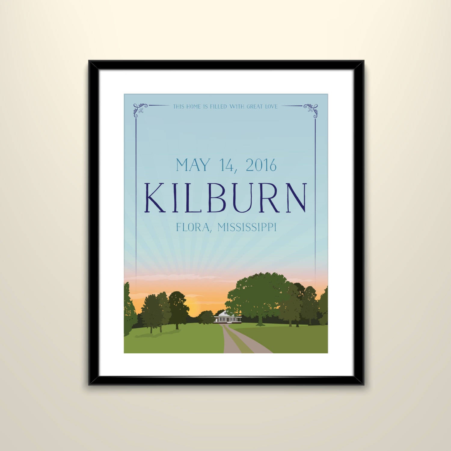 Country Home Sunset Landscape Wedding Travel Poster/11x14 Poster- Personalize with Names and wedding date (frame not included)