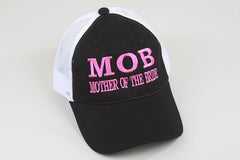 Mother of the Bride Embroidered Hat (Black hat w/ gray mesh - Red thread) // MOB // Bridal Party Trucker Mesh Unstructured Hat