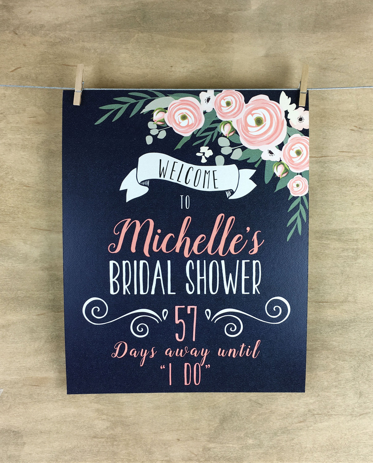 Bridal Shower Welcome Poster Days Until &quot;I Do&quot; Navy and Coral Floral- Personalized with name // 11x14 Paper Poster
