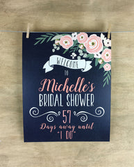 Bridal Shower Welcome Poster Days Until "I Do" Navy and Coral Floral- Personalized with name // 11x14 Paper Poster