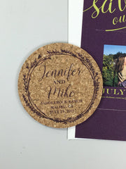 Purple Wreath and Green Script Cork Coaster Save the Date with Photo  and A7 Envelope