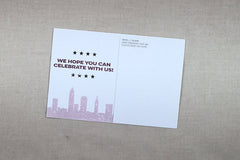 Hatch style invitation, Distressed, city skyline, Wedding Save the Date Postcard, Purple and Black -TE1