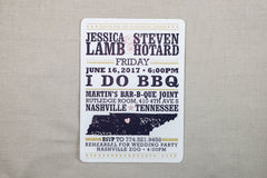 I Do BBQ  Nashville Rehearsal Dinner 5x7 Invitation // Navy Blush Pink and Gold // Rustic Hatch Show Print Inspired- TE1