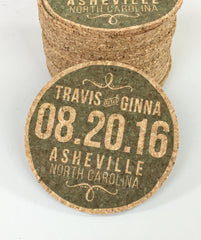 Modern Green Cork Coaster Wedding Favors Personalized with Names and Wedding Date // Wedding Reception Cork Coaster Favor