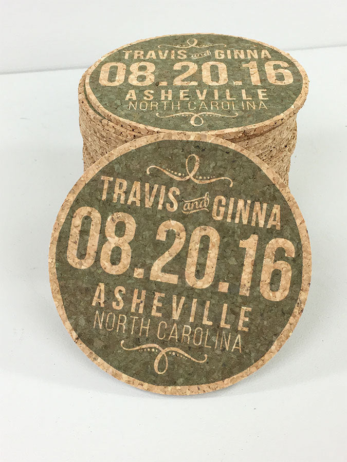 Modern Green Cork Coaster Wedding Favors Personalized with Names and Wedding Date // Wedding Reception Cork Coaster Favor