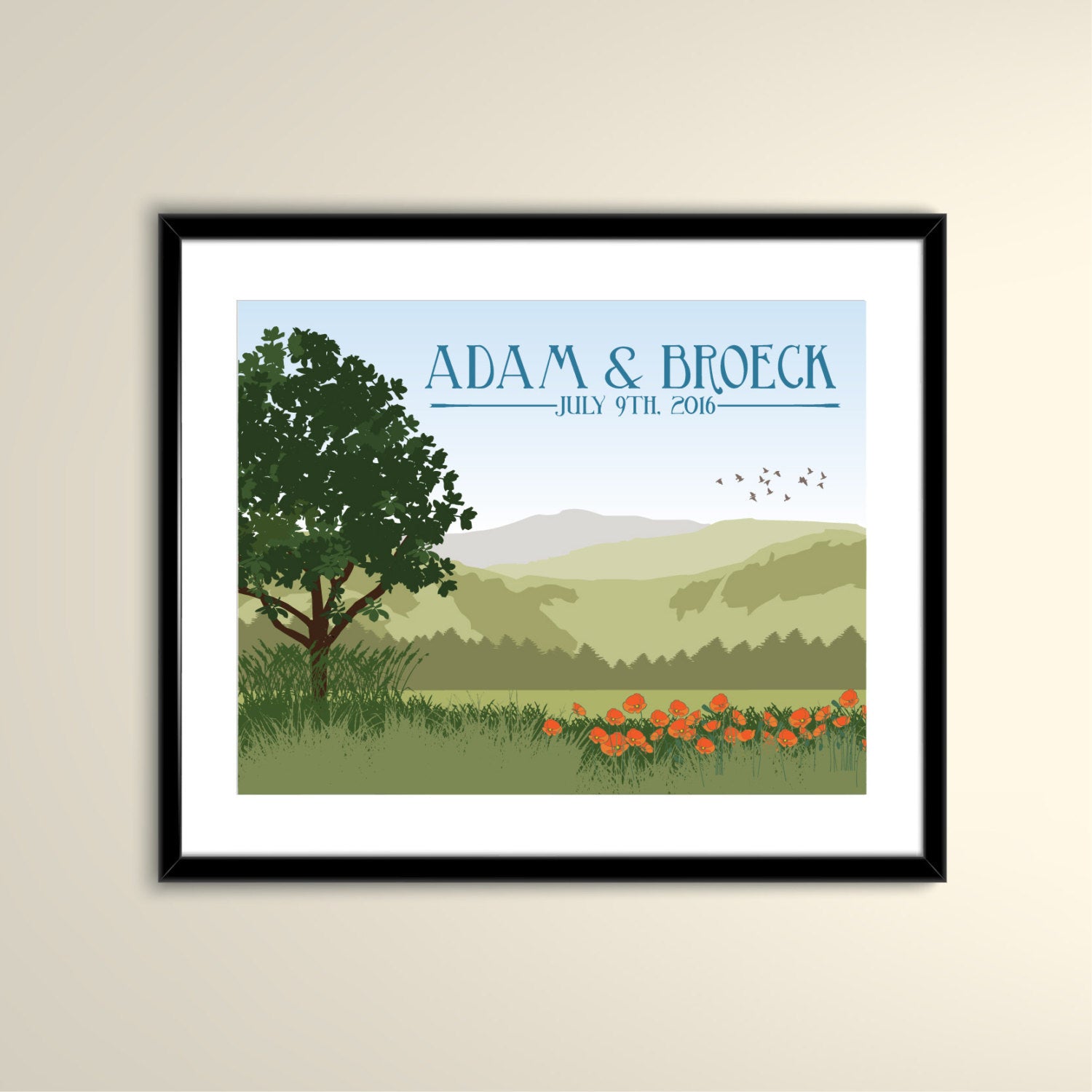 Carmel Valley with Poppies 11x14 Vintage Poster / Wedding Poster personalized with Names and date (frame not included)