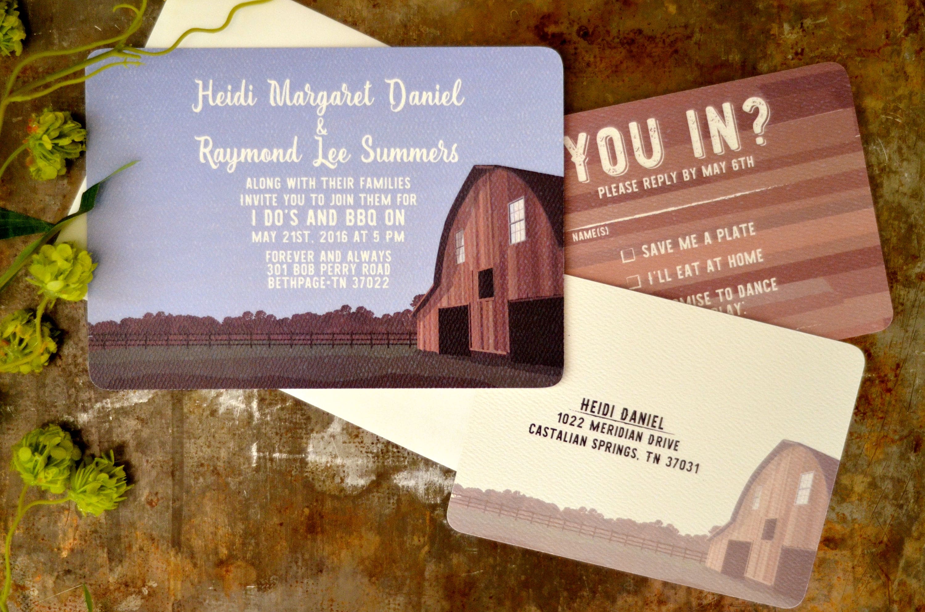 Rustic Barn in Country Landscape Wedding Invitation with A7 envelope & RSVP Postcard - BP1