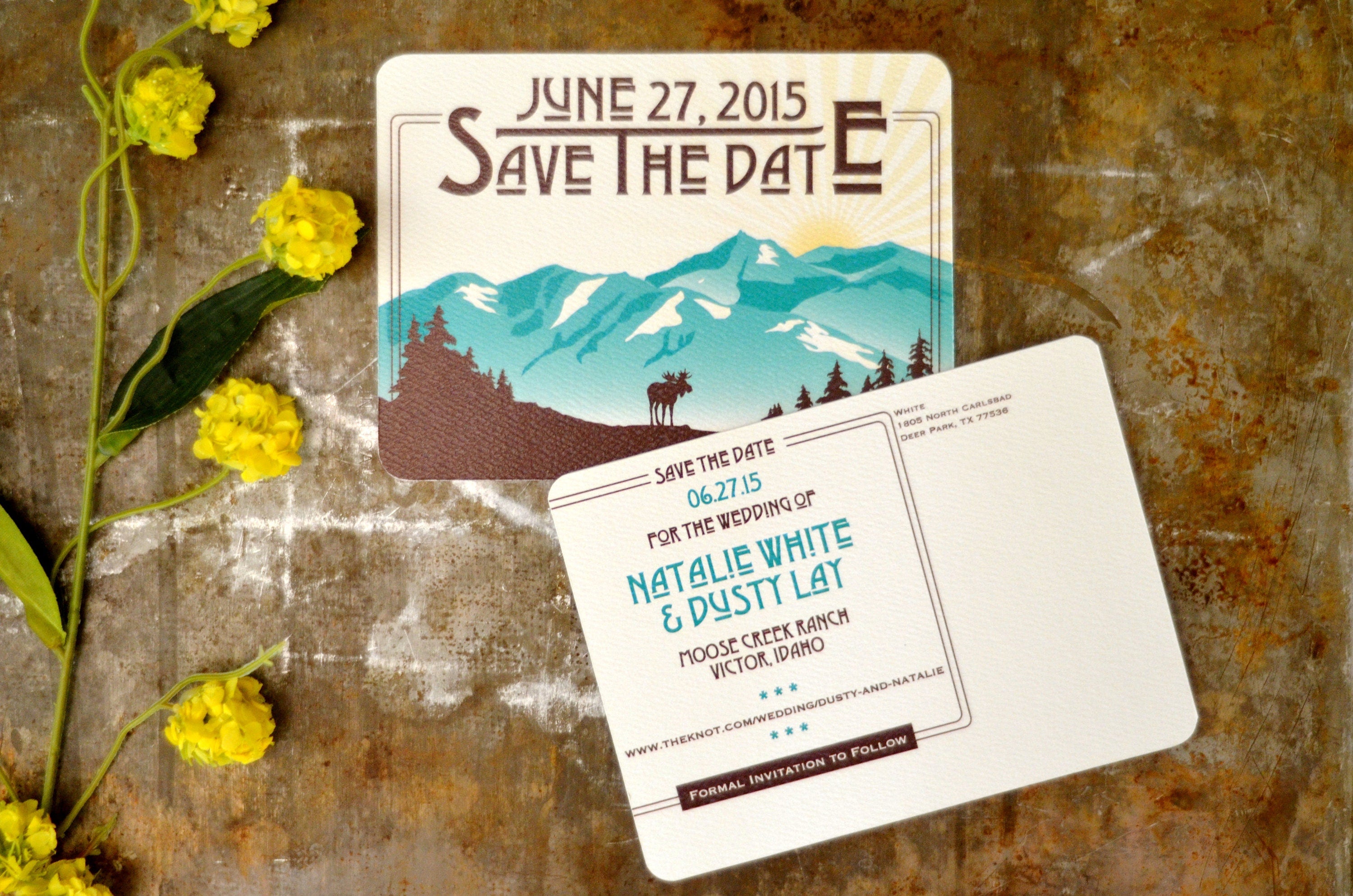 Denali Save The Date Alaskan Mountains (Yellow & Blue) with Moose Sunrise Save The Date Postcard