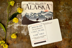 Denali Alaskan Mountains (Pink & Blue) with Moose Sunrise Wedding Save The Date Postcard