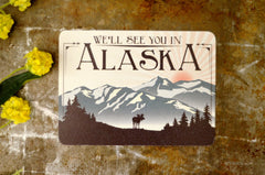 Denali Alaskan Mountains (Pink & Blue) with Moose Sunrise Wedding Save The Date Postcard