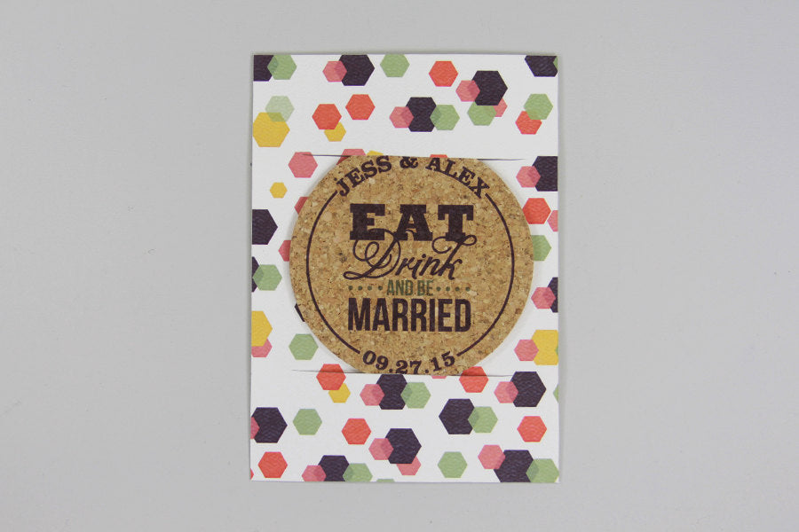 Geometric Colorful Cork Coaster Save the Date and A7 Envelope // Eat Drink and Be Married