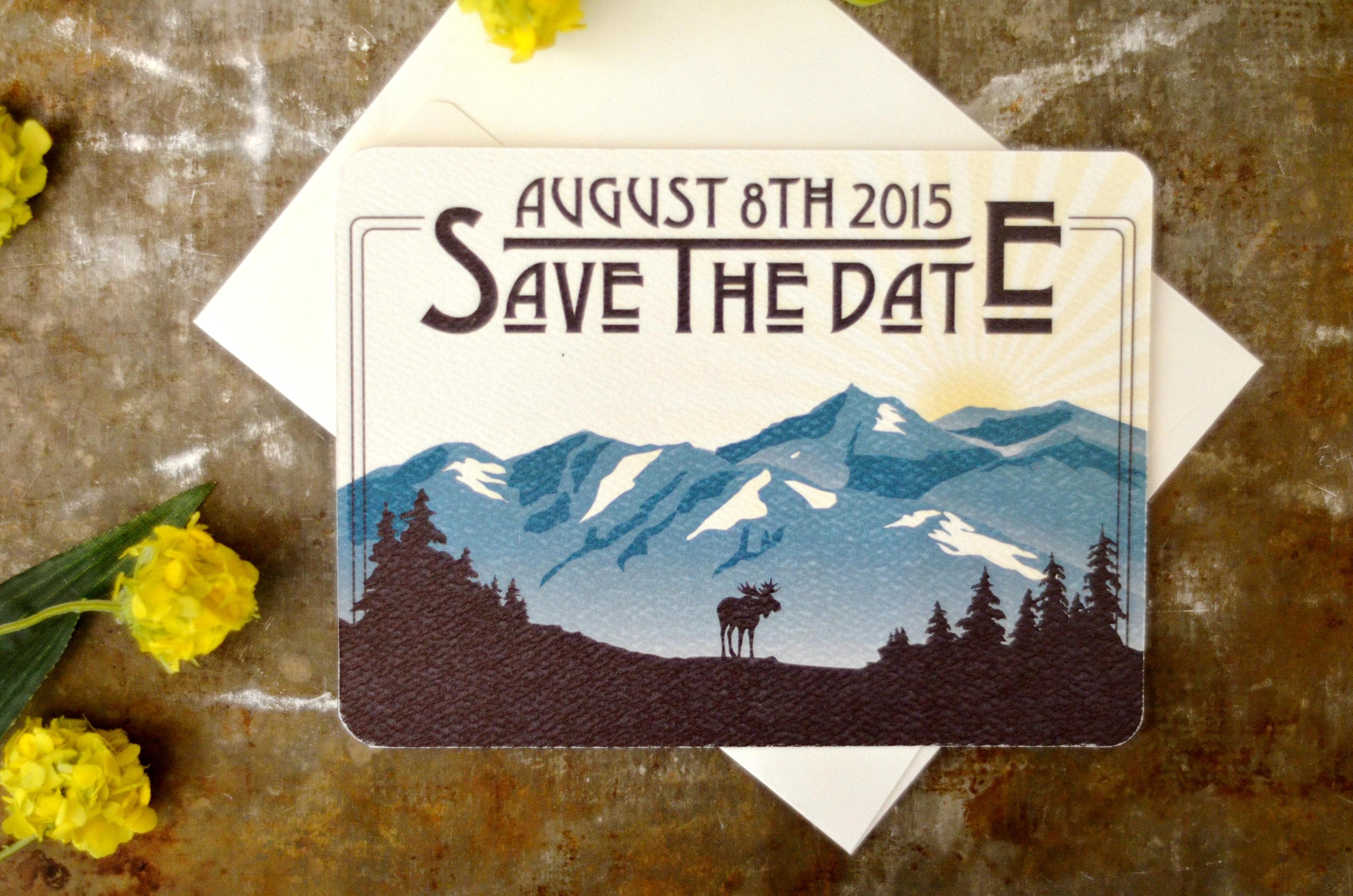 Denali Alaskan Mountains (Yellow & Blue) with Moose Sunrise Save The Date Card with Envelope