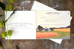 Family Farm with Wheat Field Landscape 3pg Livret Booklet with ribbon and Tear-off RSVP Postcard / A7 Envelopes - BP1