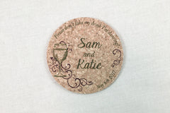 Wine Themed Cork Coaster Favor Please don't take my drink I'm Dancing Personalized with Names and Wedding Date
