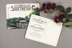 Ivy Hall at the Roswell Mill Save the Date / Vintage Travel Art /  Art Deco Wedding Save the Date Postcard / Georgia Save the Date Postcard