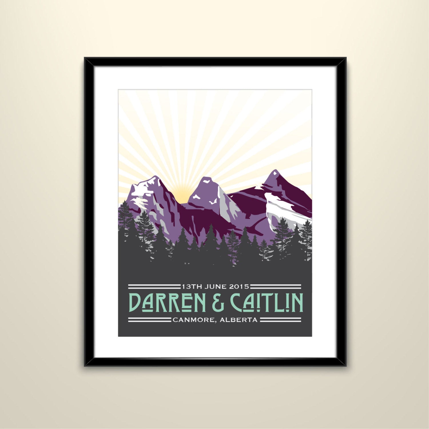 Three Sisters Mountain-Purple 11x14 Vintage Poster /Wedding Poster personalized with Names and date (frame not included)