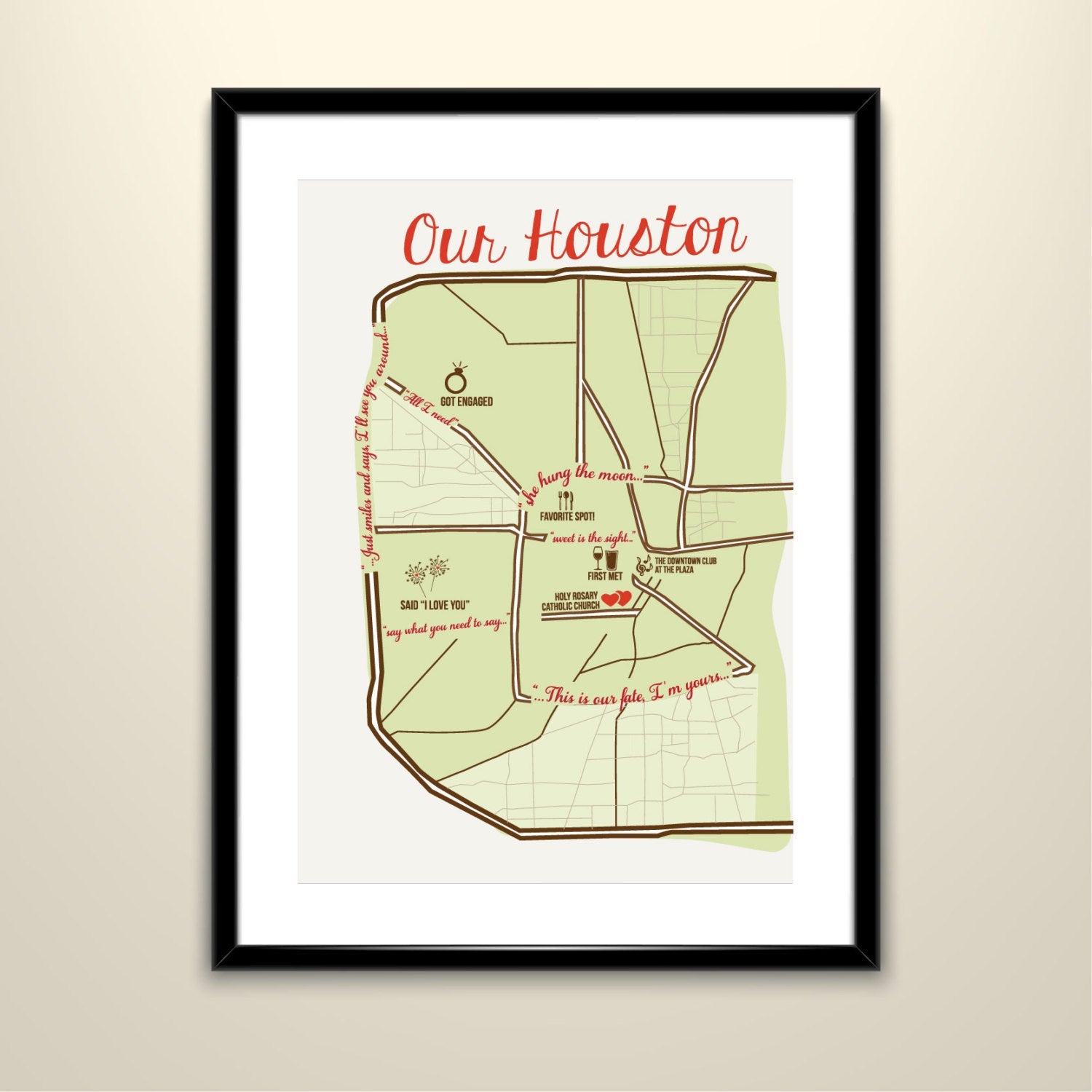 Houston Texas Map Poster: Custom Map 11x14 Vintage Poster/Wedding - Personalized (frame not included) - SM1