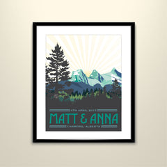 Three Sisters Mountain 11x14 Vintage Poster /Wedding Poster personalized with Names and date (frame not included)