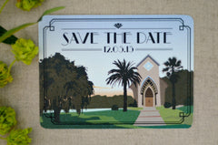 Florida Church with Palm Trees Sunset Wedding Save The Date Postcard