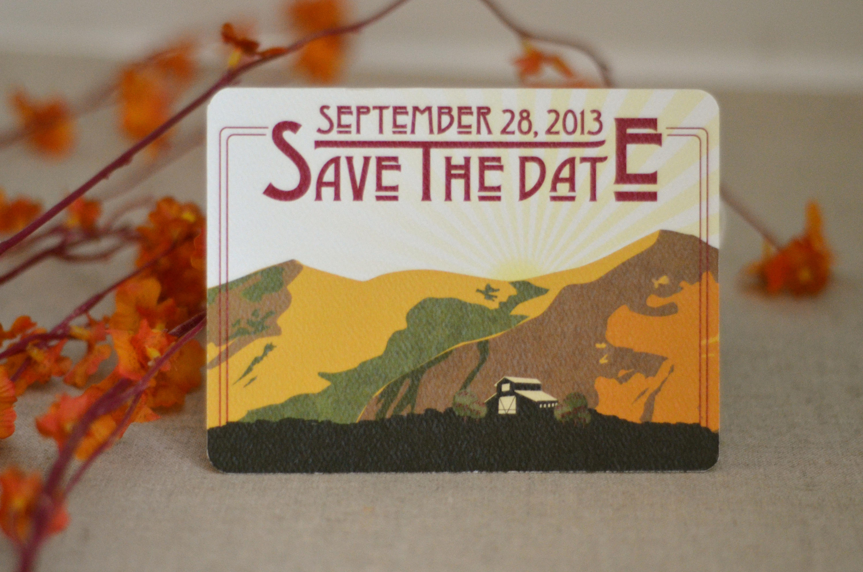 Figueroa Mountain Farmhouse Landscape with Apple Trees // Craftsman Save The Date Postcard