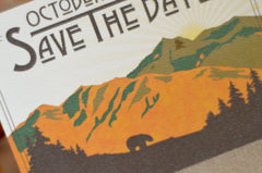 Figueroa Mountain Landscape with Bear // Craftsman Save The Date Postcard //Rust Orange and Green - BP1