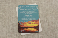 Dramatic Sunset over Lake Lodge with Tuscan Greenery 5x7 Wedding Invitation with A7 Envelope - TE1