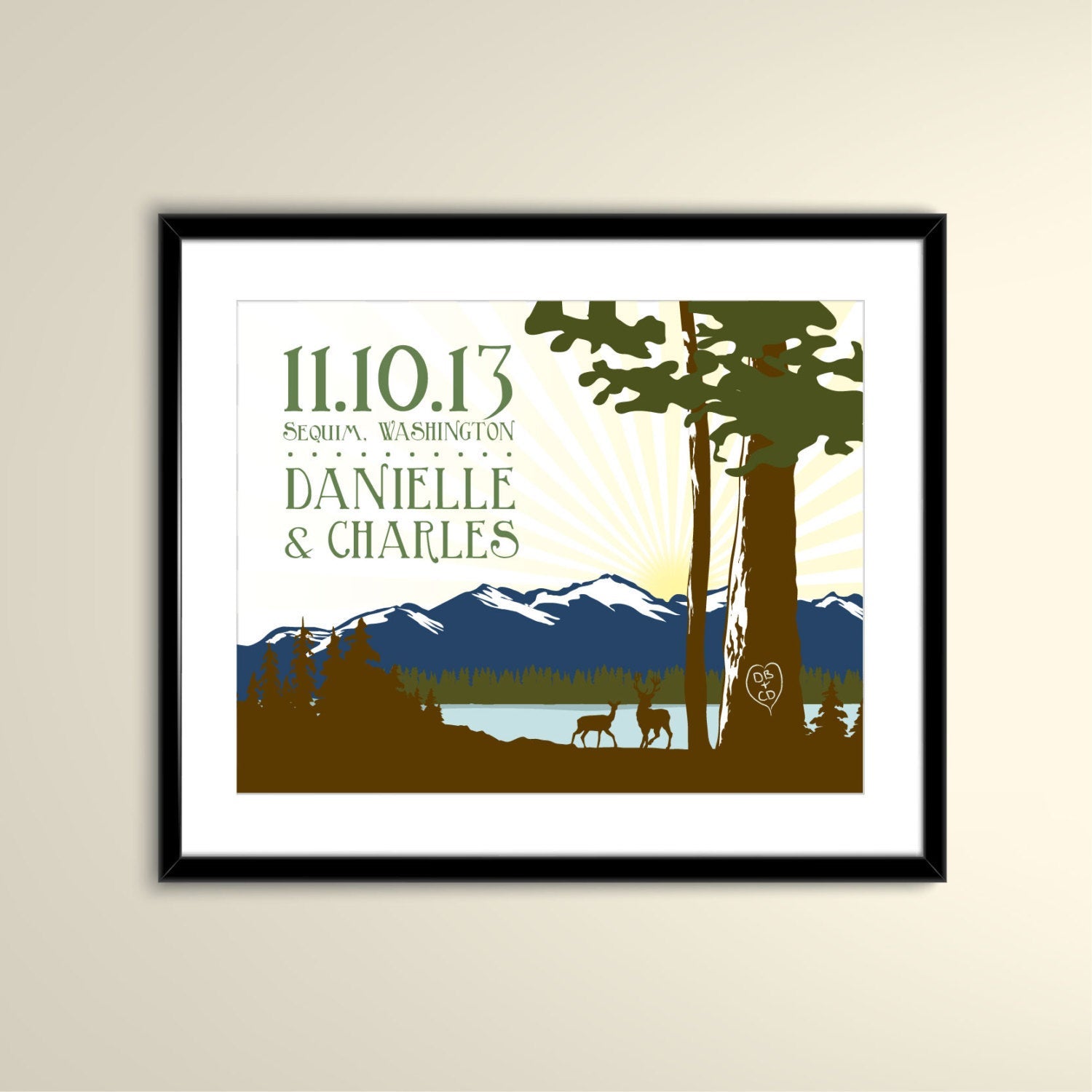 Washington Olympic Mountains Vintage Travel Poster 11x14/ personalized with Names and date (frame not included)