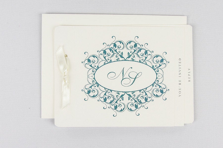 Flourish Emblem Monogram or Initials Wedding Invitation Booklet Livret with tear off RSVP postcard