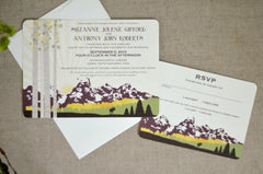 Grand Teton Wedding Invitation with Birch Trees (Purple and Gold) // Invite with Envelopes & RSVP Postcard // BP1